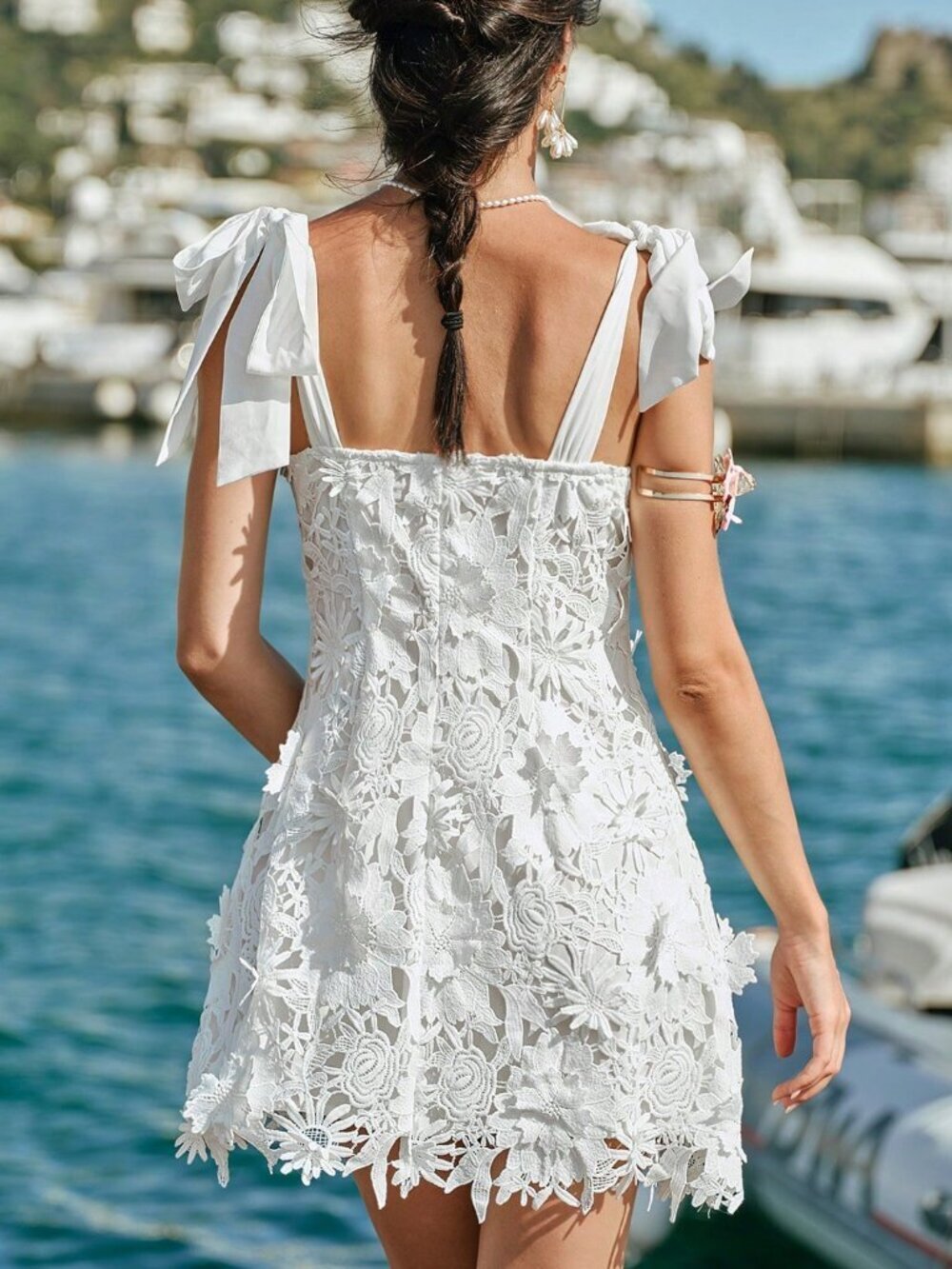 White Elegant Floral Embroidered Lace Women's Mini Dress - Picture 7 of 7